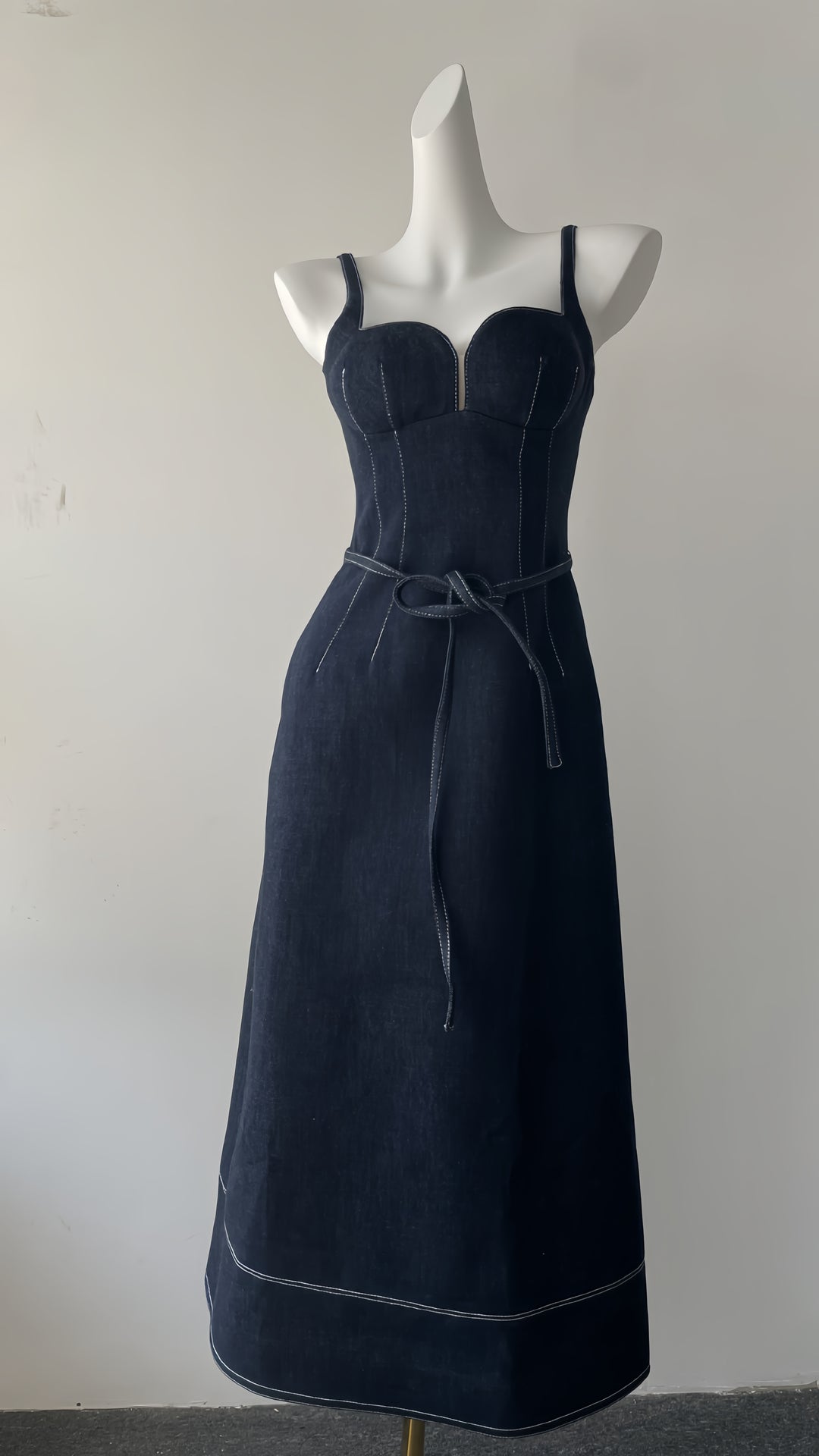 Off Shoulder Denim Maxi Dress - Navy Blue
