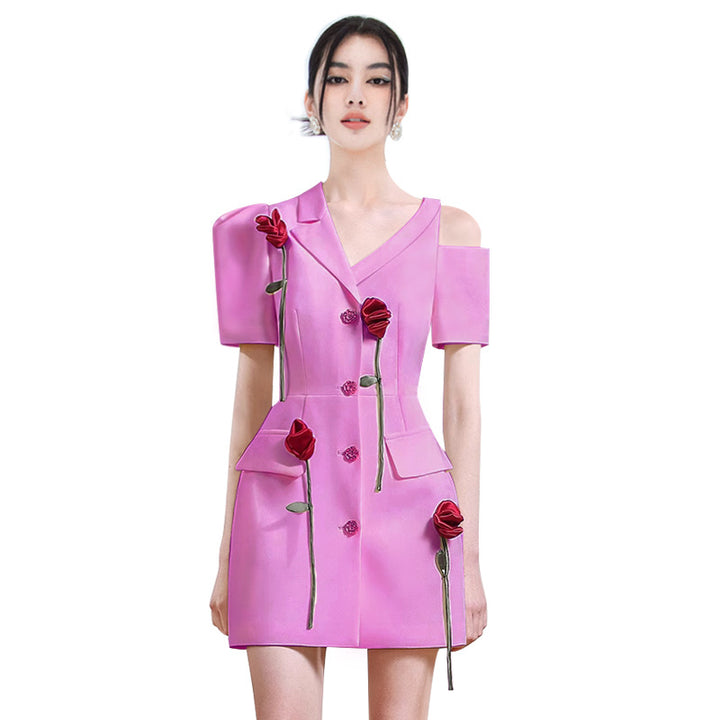 Elegant 3D Rose Asymmetrical Shoulder Dress | Unique Summer Fashion