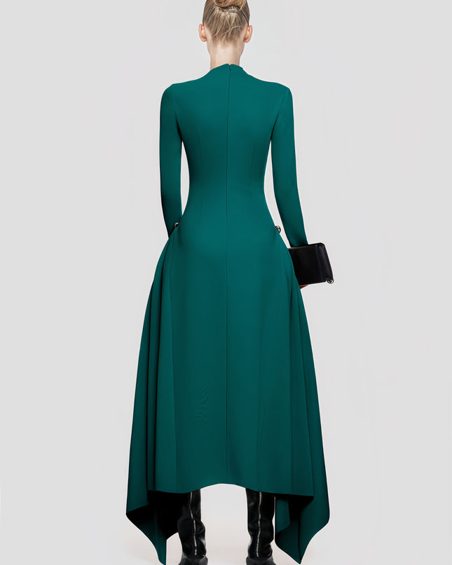 High-Waisted Asymmetrical Full-Sleeve Dress - Deep Green