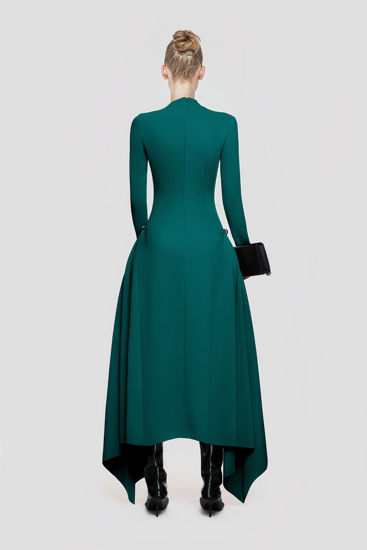 High-Waisted Asymmetrical Full-Sleeve Dress - Deep Green