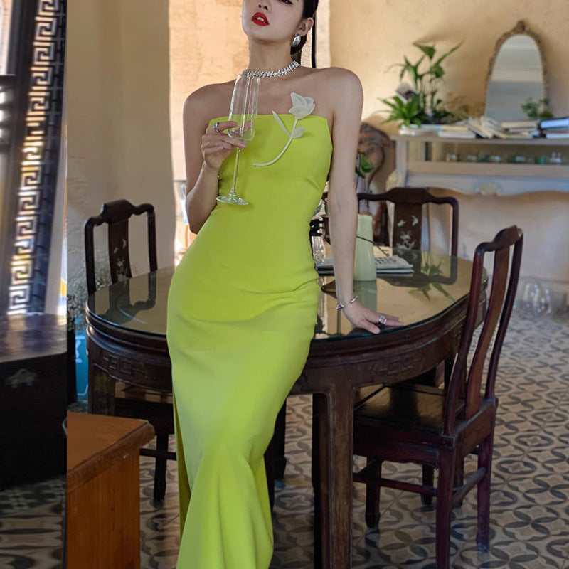 Lemon Yellow Strapless Evening Dress | French Luxury Side Slit Design