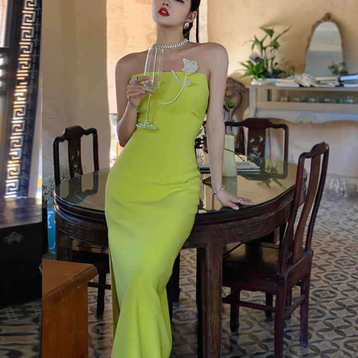 Lemon Yellow Strapless Evening Dress | French Luxury Side Slit Design