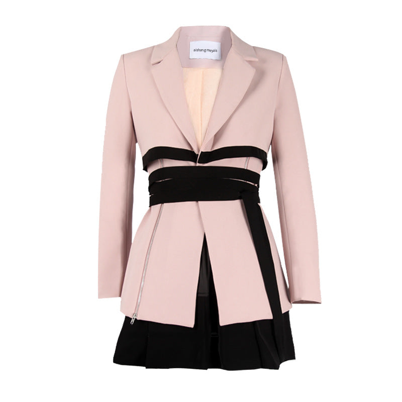 Pink Chic Lace-Up Dress Suit with Drawstring Waist for Elegant Office Wear