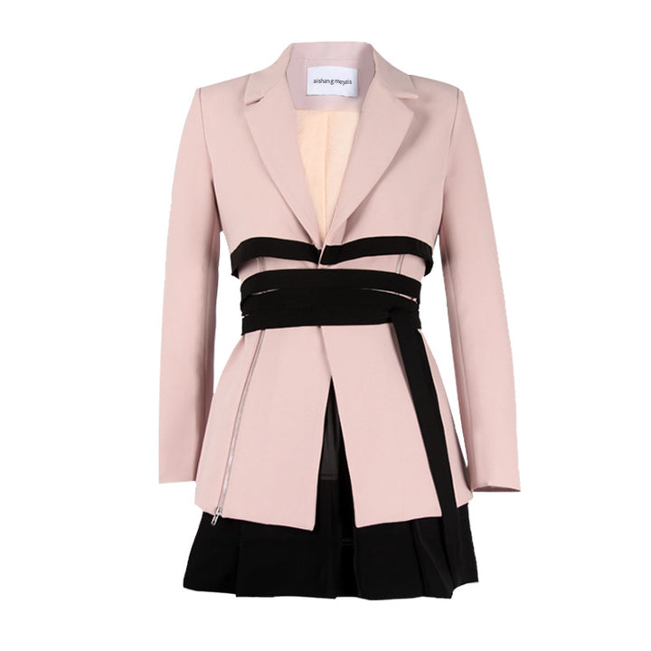 Pink Chic Lace-Up Dress Suit with Drawstring Waist for Elegant Office Wear