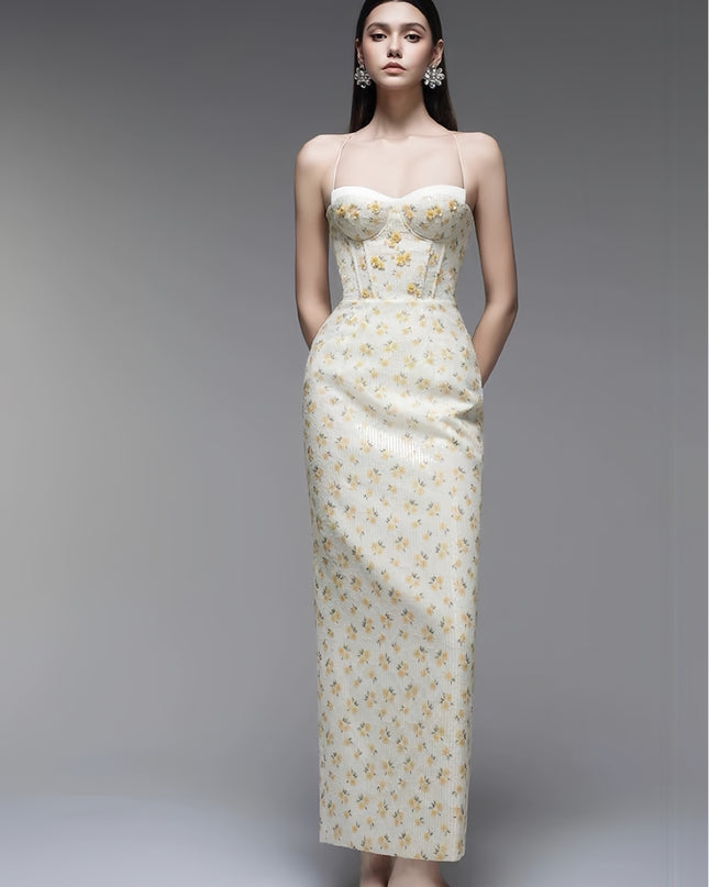 Floral Satin Maxi Dress - Ivory