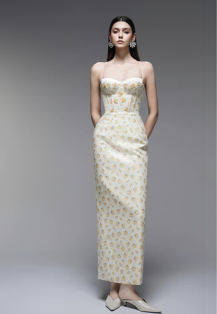 Floral Satin Maxi Dress - Ivory