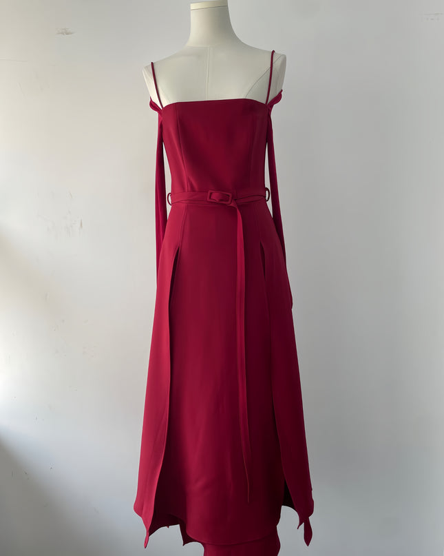 Off Shoulder Satin High Slit Dress - Red