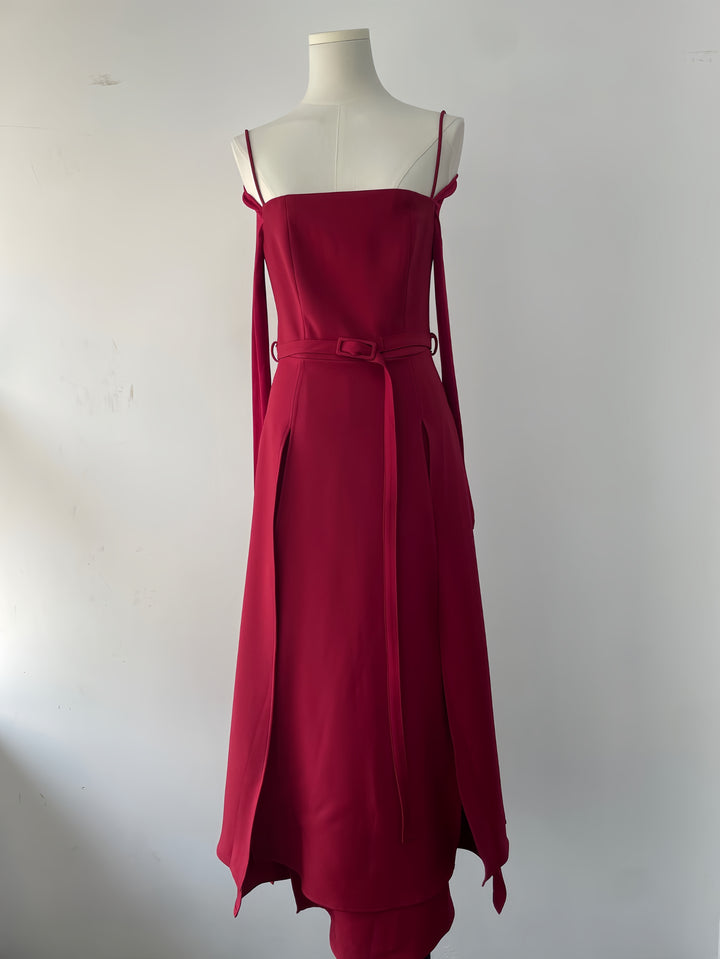 Off Shoulder Satin High Slit Dress - Red