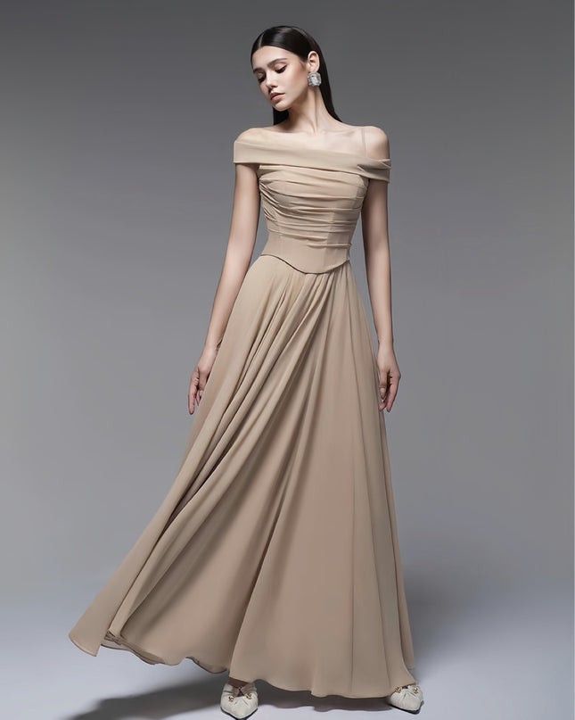 Ruched Off Shoulder Crepe Dress - Light Beige