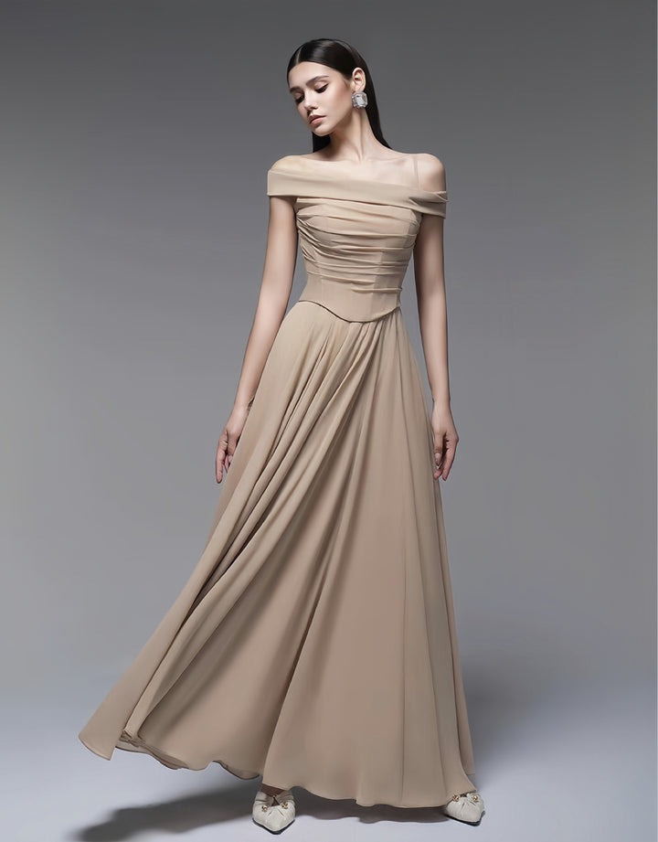 Ruched Off Shoulder Crepe Dress - Light Beige
