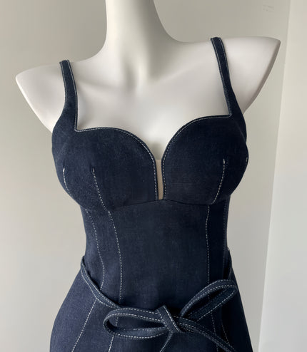 Off Shoulder Denim Maxi Dress - Navy Blue