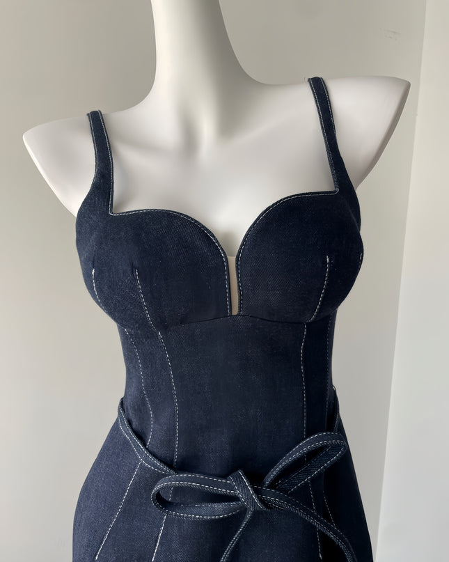 Off Shoulder Denim Maxi Dress - Navy Blue