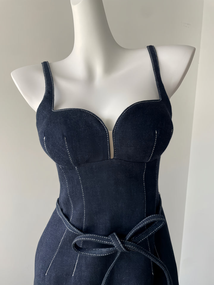 Off Shoulder Denim Maxi Dress - Navy Blue