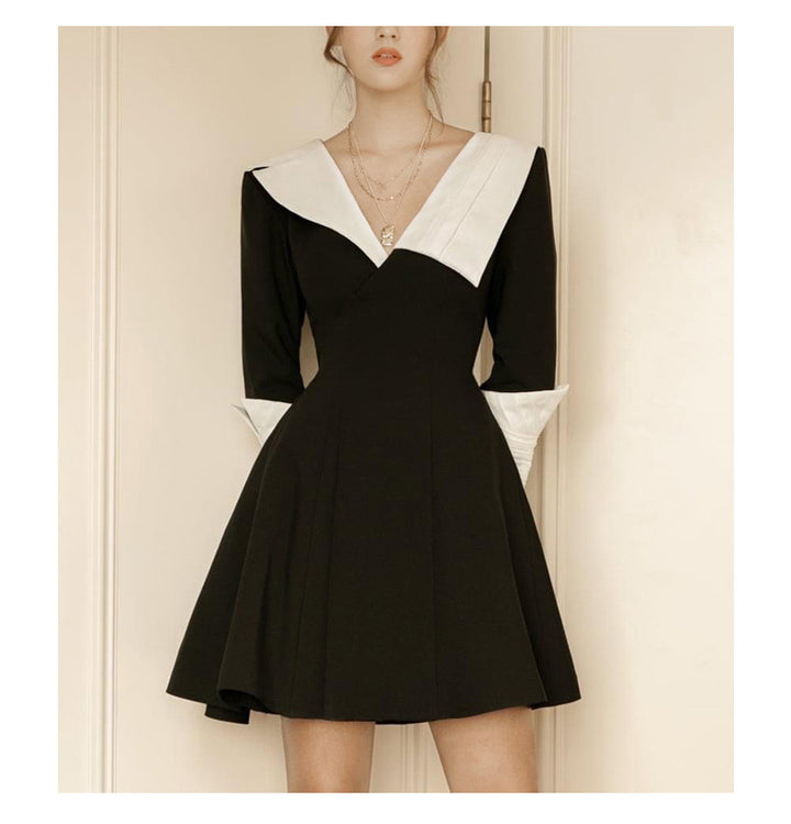 French Luxury Hepburn Style Contrast Color V-neck Slimming Long Sleeve A-line Dress