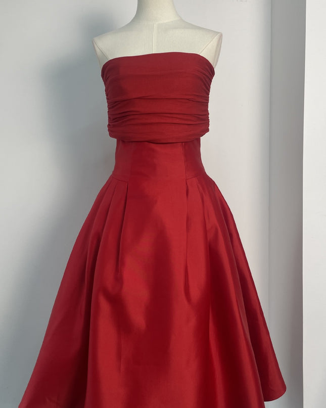 Satin Ruched Off Shoulder Dress - Red