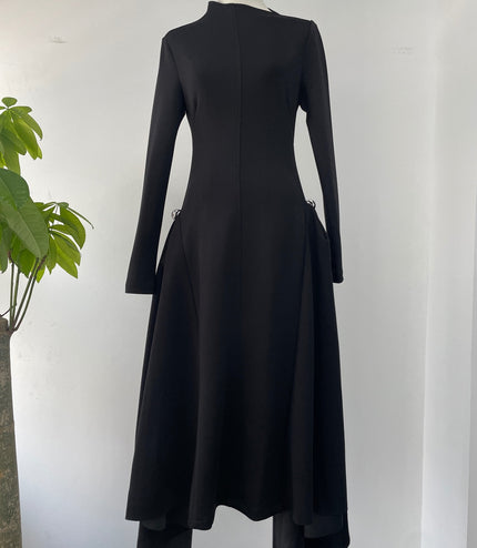 High-Waisted Asymmetrical Full-Sleeve Dress - Deep Green
