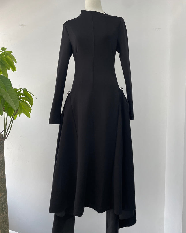High-Waisted Asymmetrical Full-Sleeve Dress - Deep Green