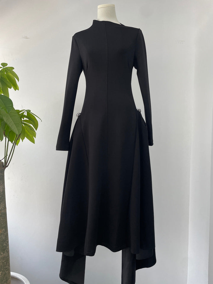 High-Waisted Asymmetrical Full-Sleeve Dress - Deep Green