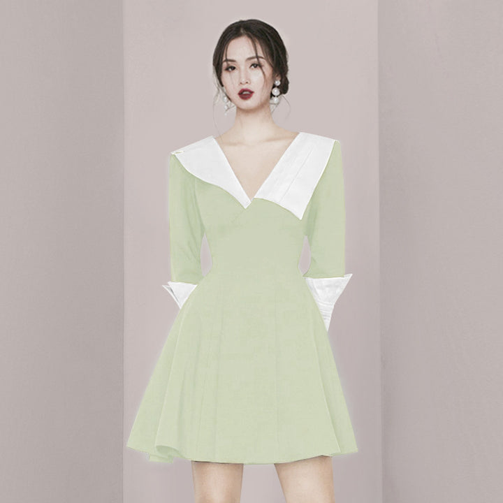 French Luxury Hepburn Style Contrast Color V-neck Slimming Long Sleeve A-line Dress