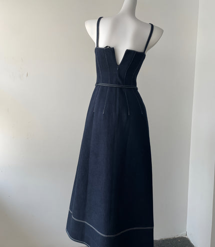 Off Shoulder Denim Maxi Dress - Navy Blue