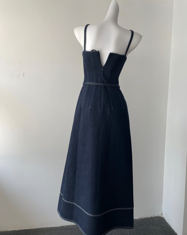 Off Shoulder Denim Maxi Dress - Navy Blue