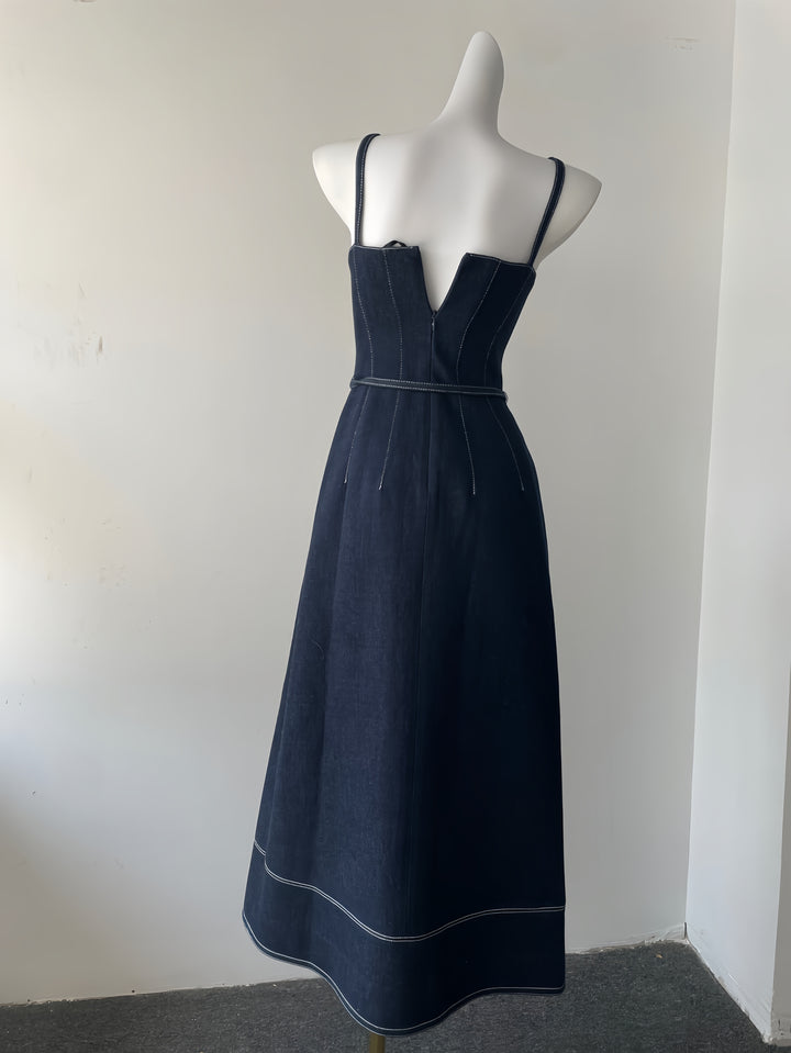 Off Shoulder Denim Maxi Dress - Navy Blue