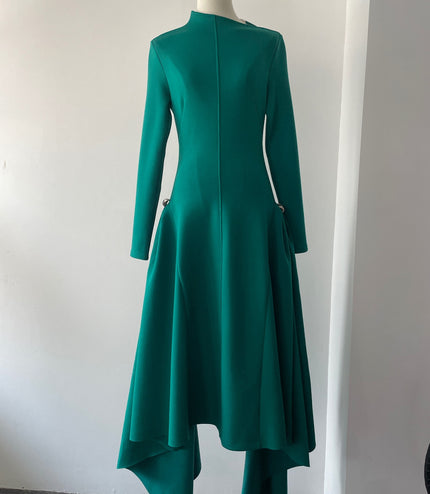 High-Waisted Asymmetrical Full-Sleeve Dress - Deep Green