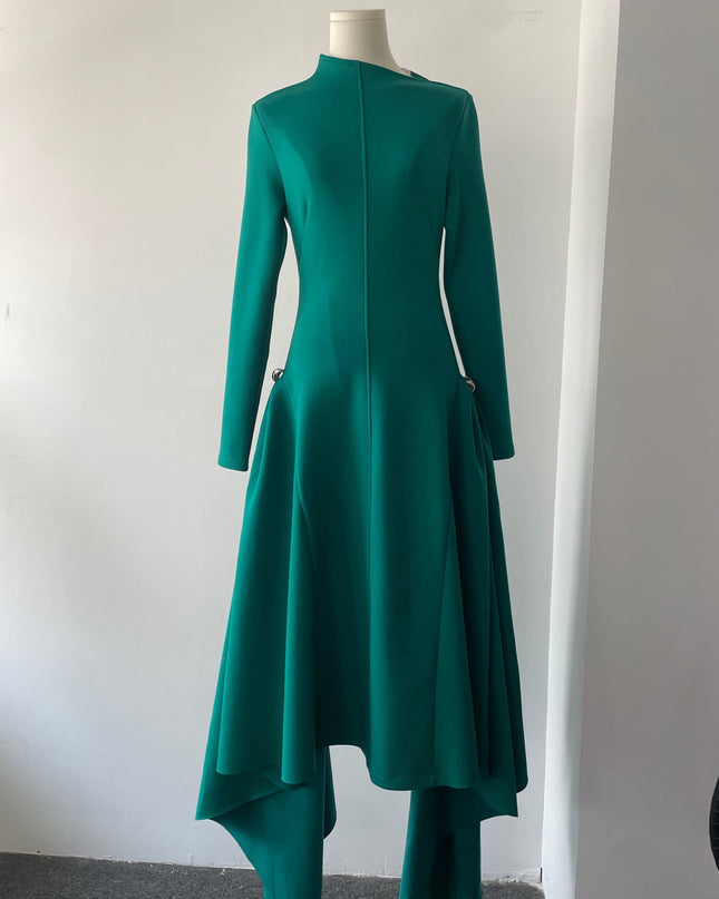 High-Waisted Asymmetrical Full-Sleeve Dress - Deep Green
