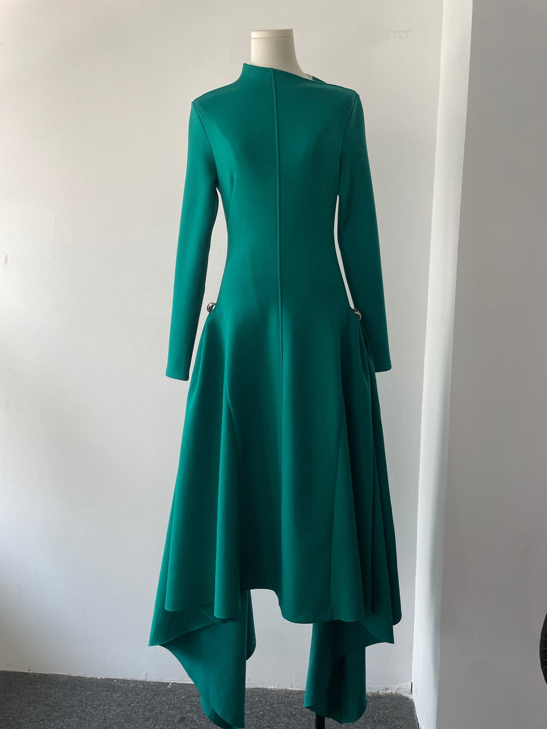 High-Waisted Asymmetrical Full-Sleeve Dress - Deep Green