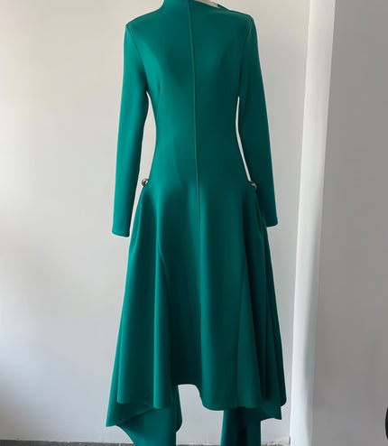 High-Waisted Asymmetrical Full-Sleeve Dress - Deep Green