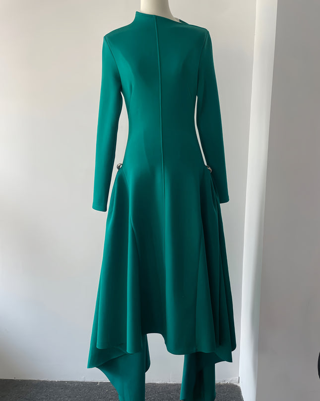 High-Waisted Asymmetrical Full-Sleeve Dress - Deep Green