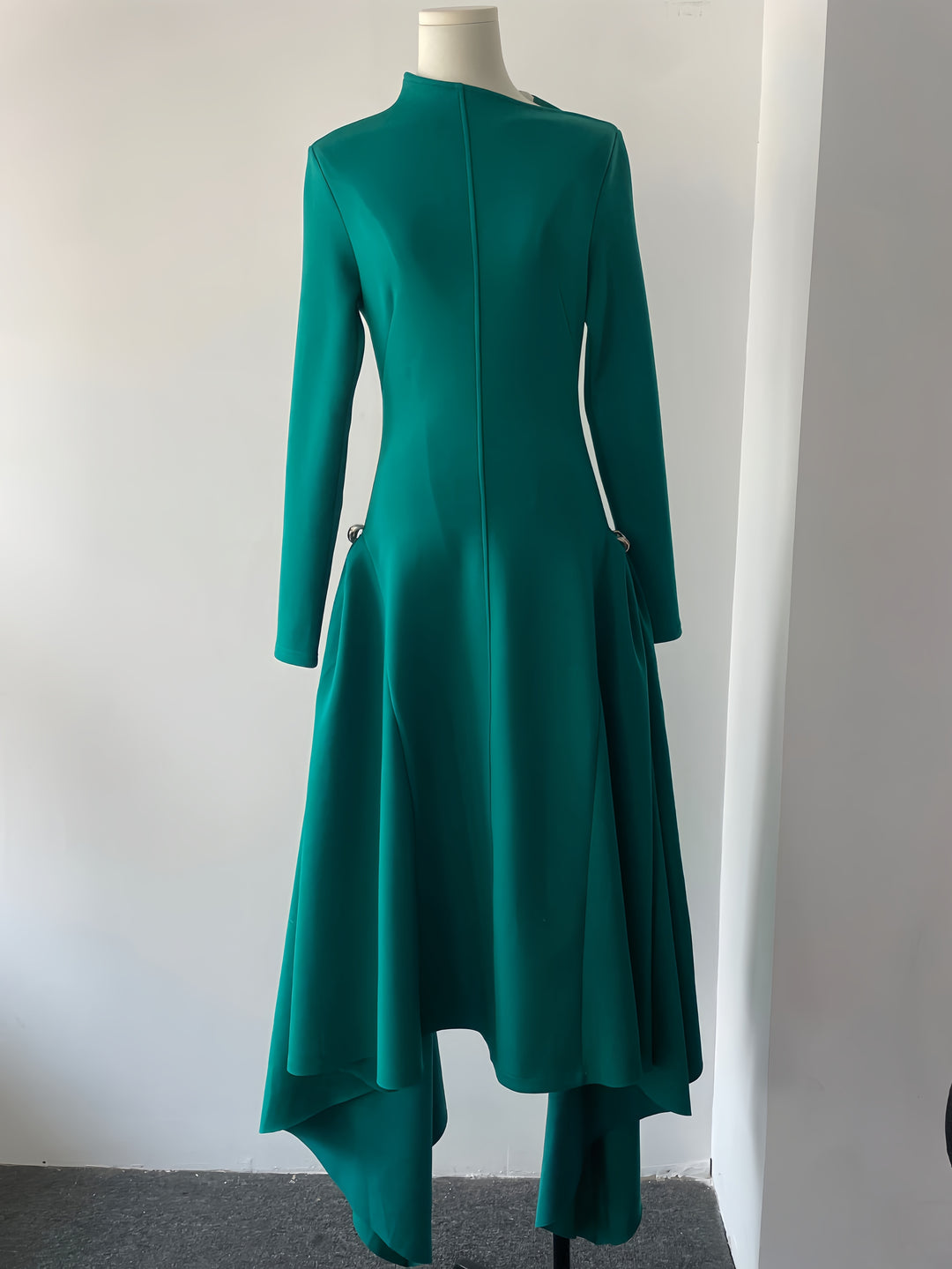 High-Waisted Asymmetrical Full-Sleeve Dress - Deep Green
