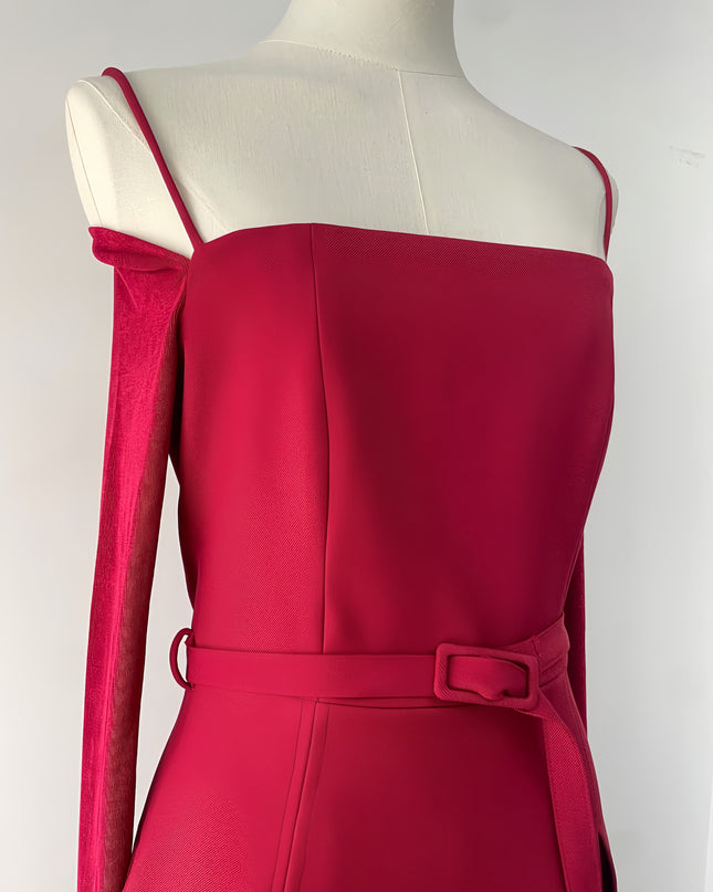 Off Shoulder Satin High Slit Dress - Red