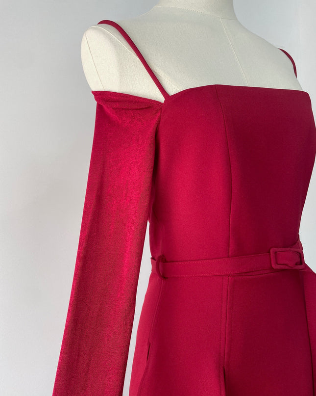 Off Shoulder Satin High Slit Dress - Red