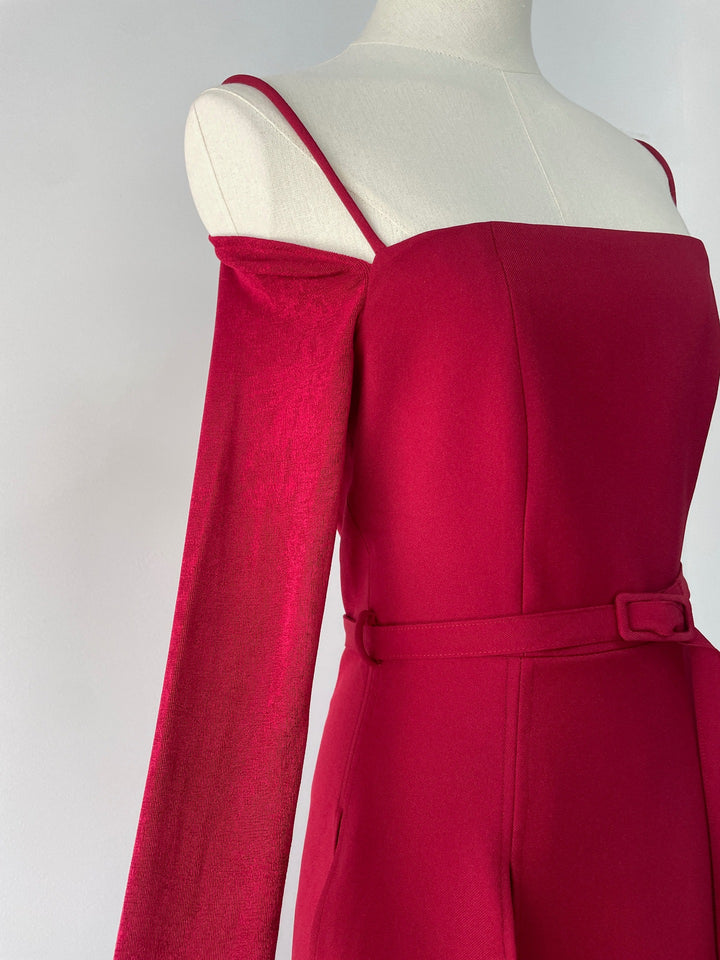Off Shoulder Satin High Slit Dress - Red