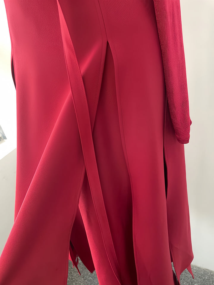 Off Shoulder Satin High Slit Dress - Red