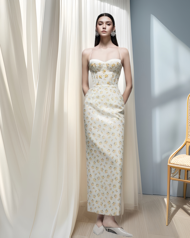 Floral Satin Maxi Dress - Ivory