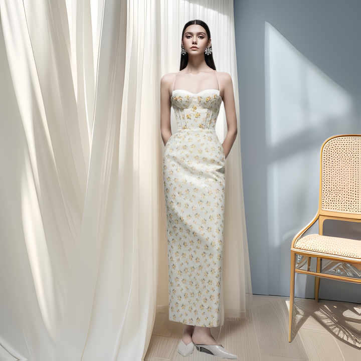 Floral Satin Maxi Dress - Ivory