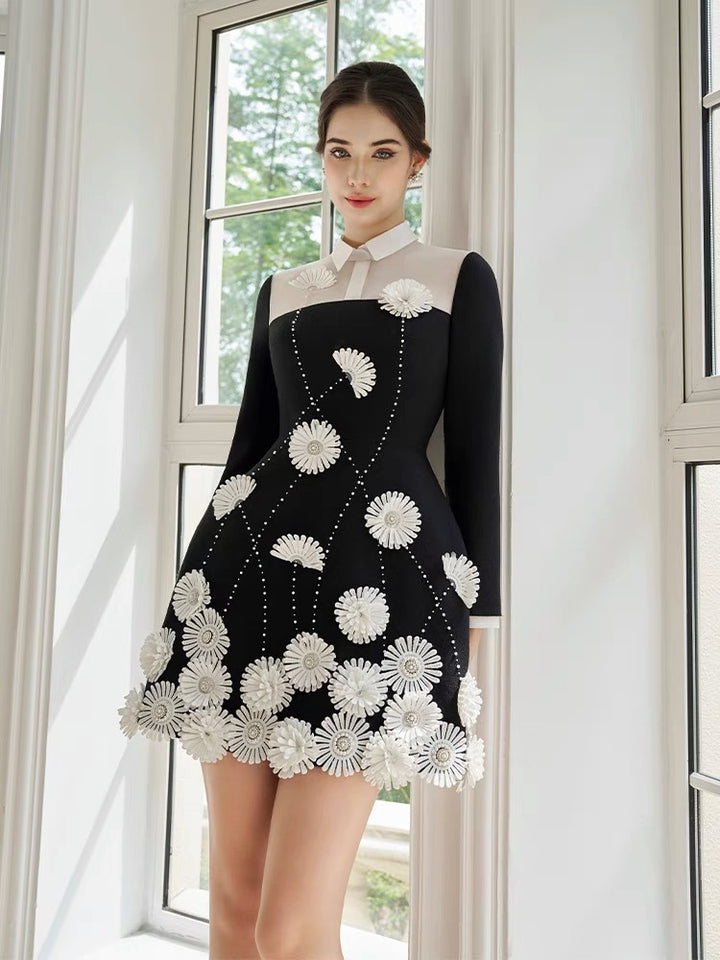 Embroidered jacquard daisy a-line dress