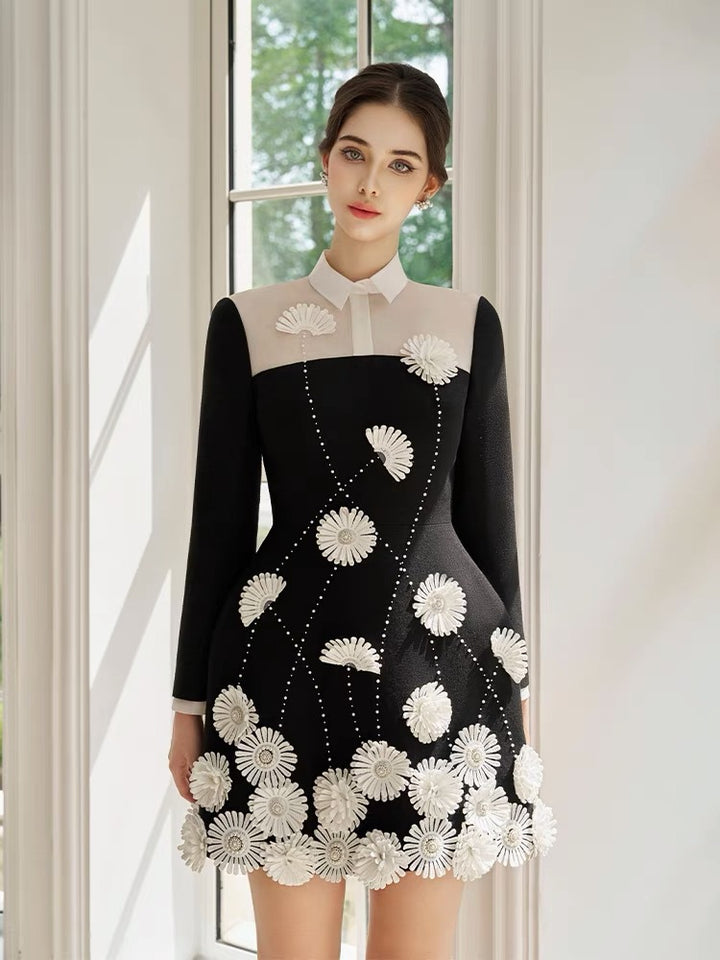 Embroidered jacquard daisy a-line dress