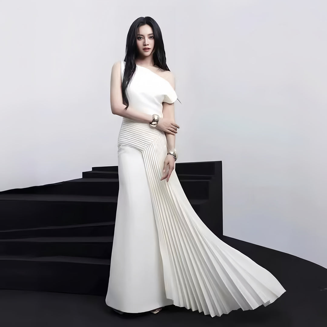 Elegant Asymmetric White Dress – One-Shoulder Pleated Long Sleeve White Dress for Women