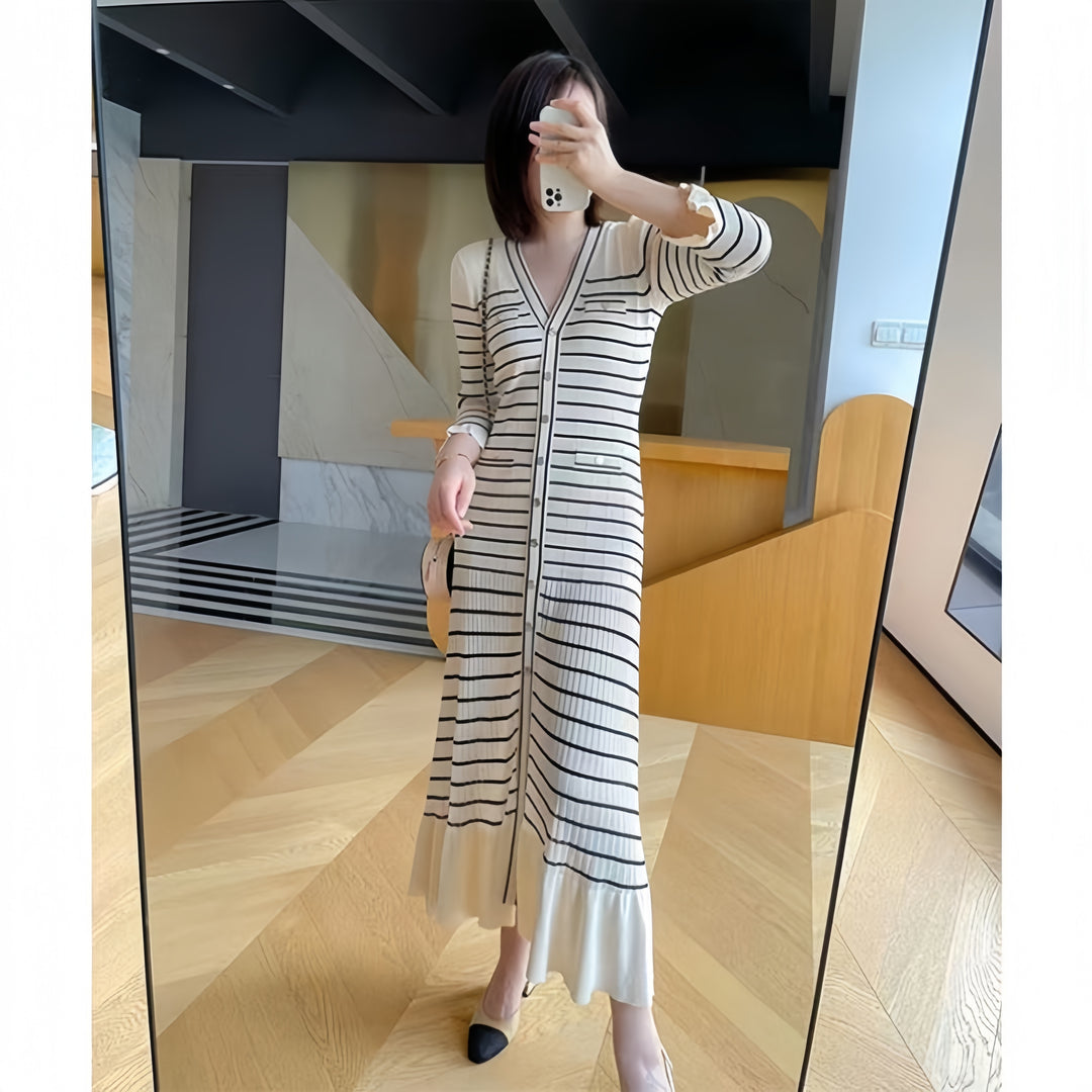 Striped dress female spring and fall new fashion temperament long knee-length skirt