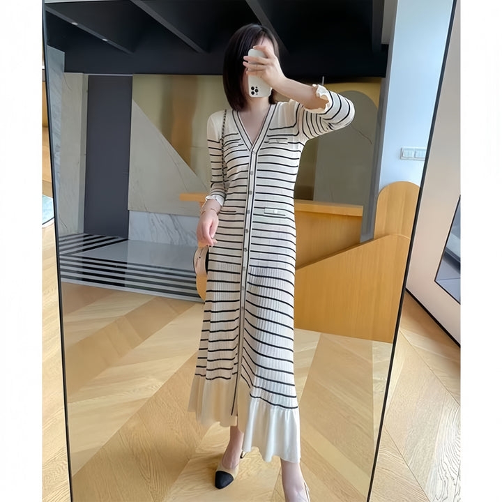 Striped dress female spring and fall new fashion temperament long knee-length skirt