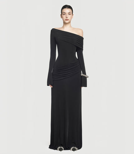 Elegant Slant Shoulder Pleated Gown Black Long Dresses