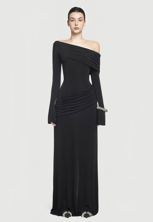 Elegant Slant Shoulder Pleated Gown Black Long Dresses