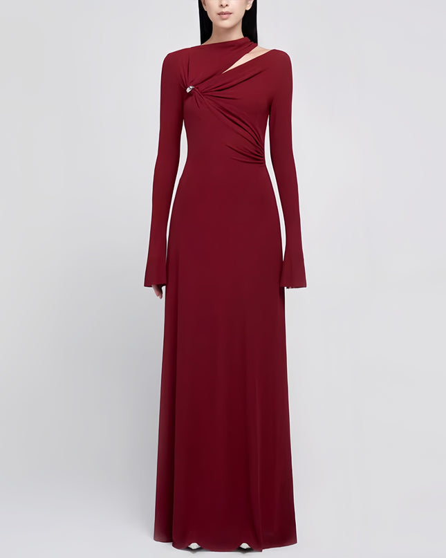 Burgundy Asymmetric Neckline Maxi Dress