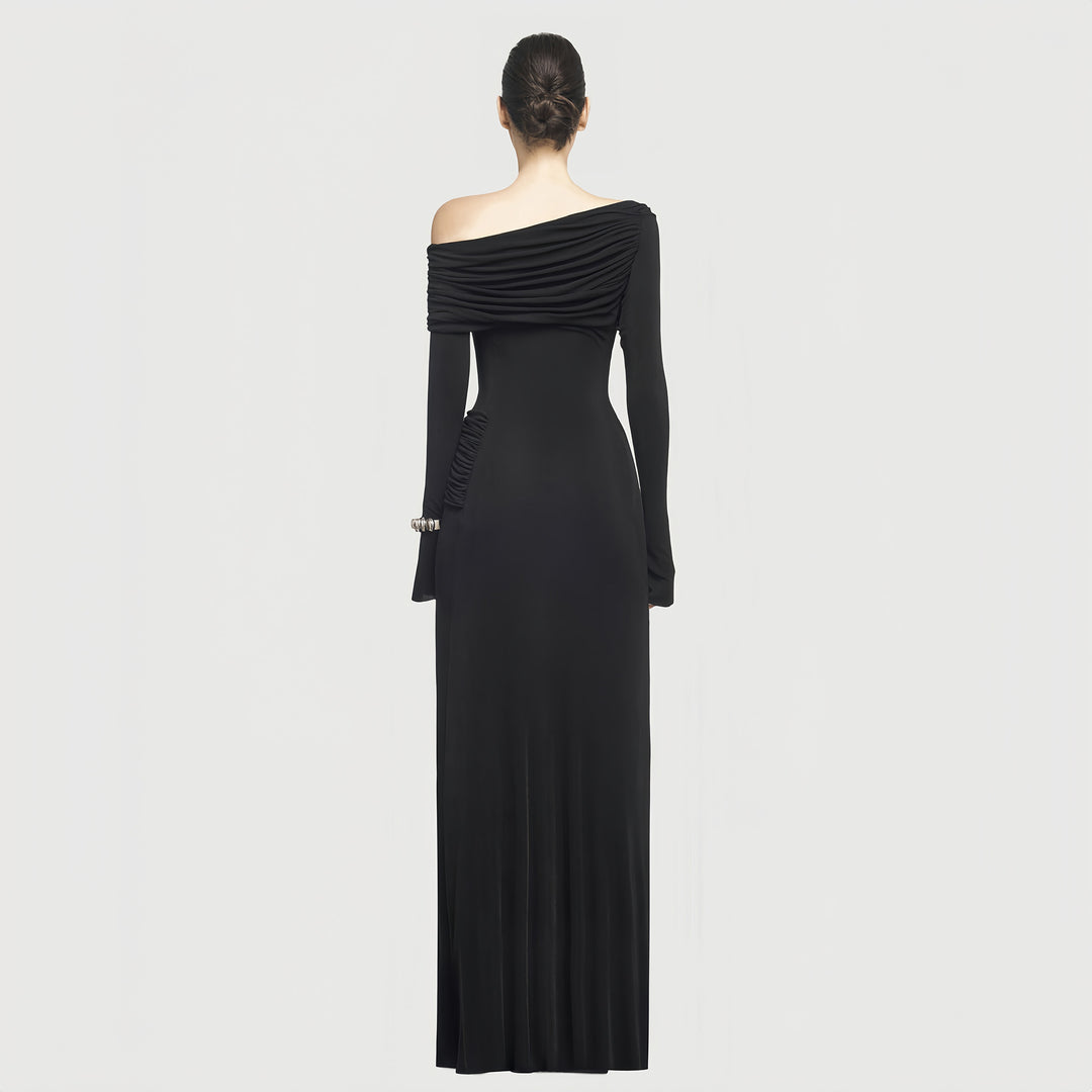 Elegant Slant Shoulder Pleated Gown Black Long Dresses