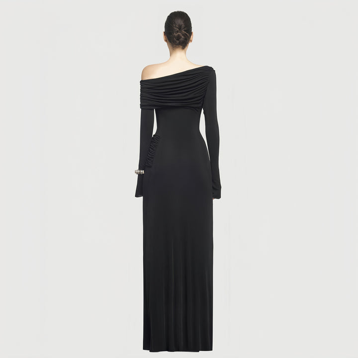 Elegant Slant Shoulder Pleated Gown Black Long Dresses