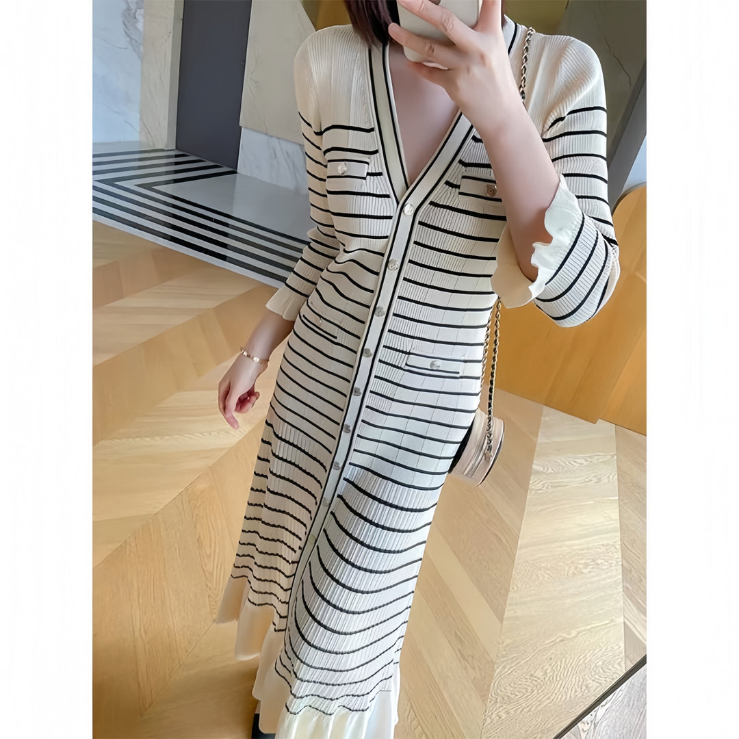 Striped dress female spring and fall new fashion temperament long knee-length skirt