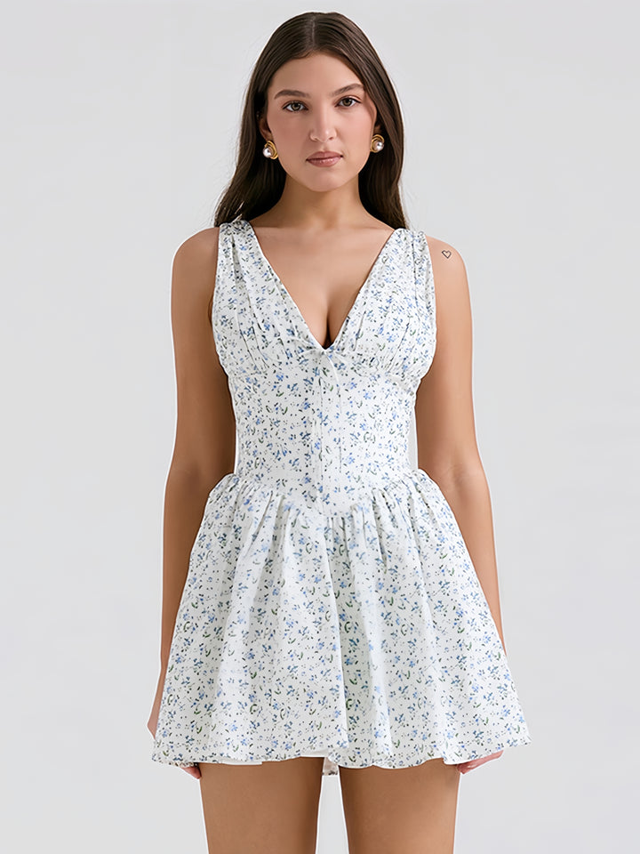 Hot sexy deep v blue floral pleated skirt